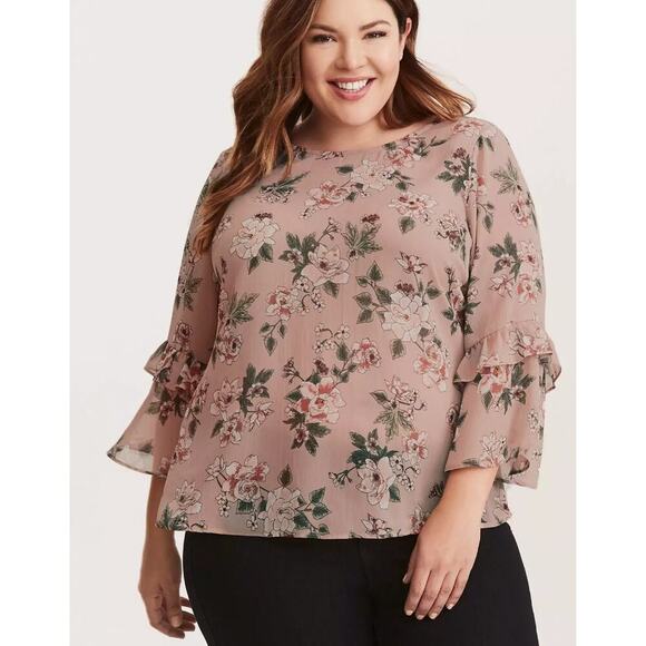 Torrid Women's Plus 3X Floral Print Chiffon Ruffle Bell Sleeve CrissCross Blouse - Picture 1 of 9